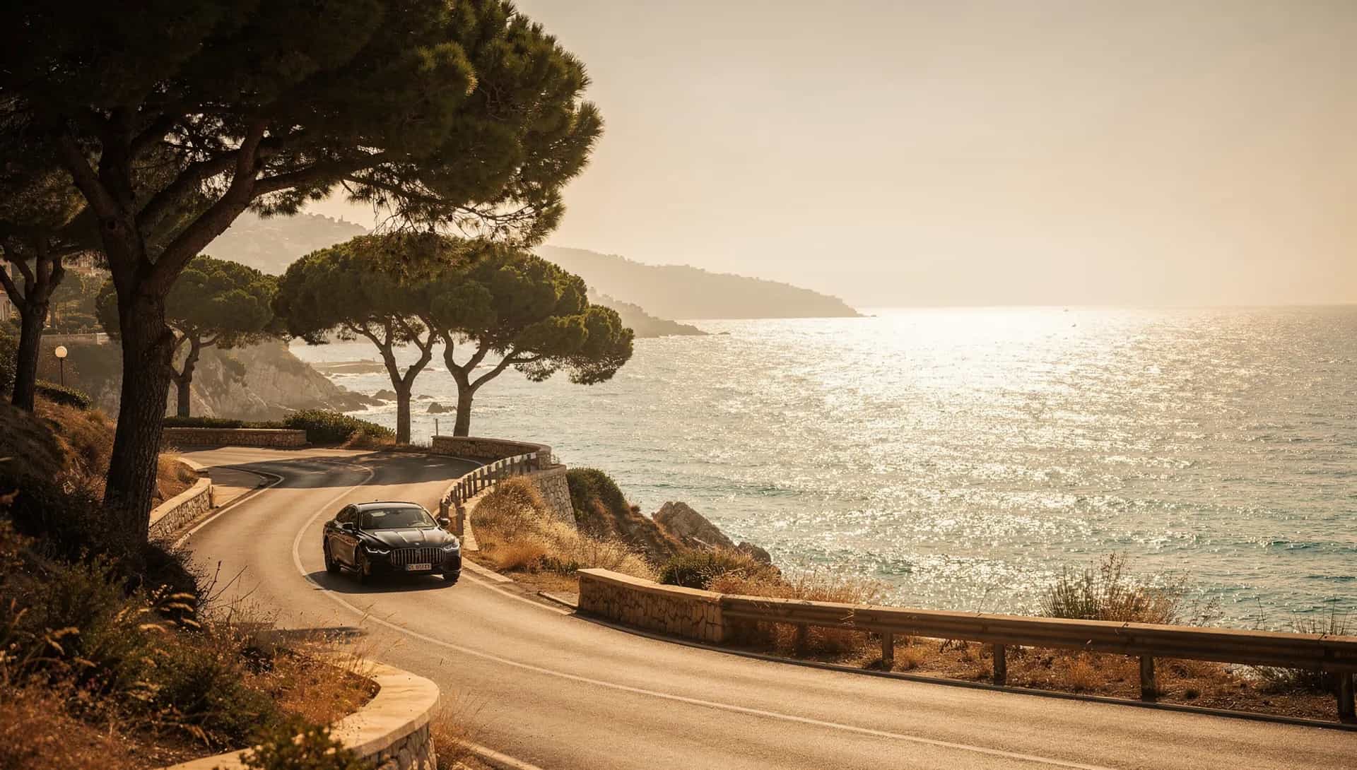 Route littorale de la Côte d'Azur au soleil couchant, berline noire en approche