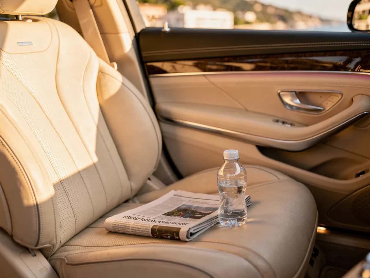 Détail d'un intérieur en cuir clair d'une voiture haut de gamme, lumière douce