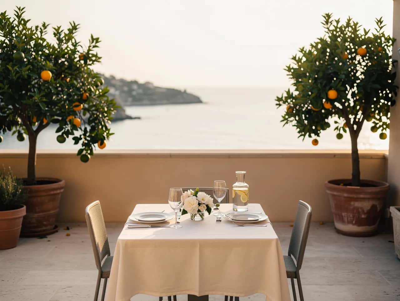 Terrasse d'une villa de la Riviera préparée par la conciergerie, table dressée face à la mer