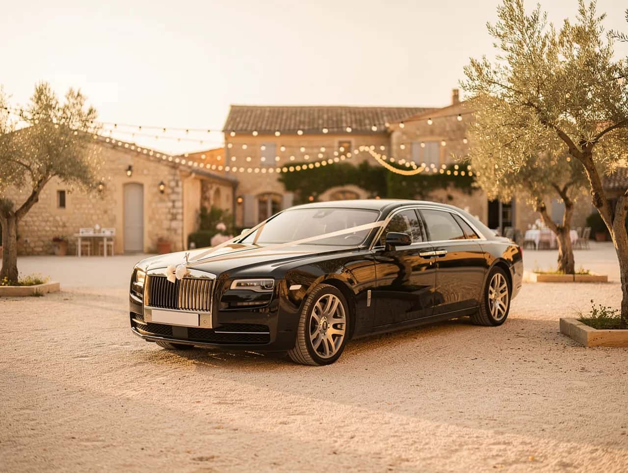 Voiture de prestige décorée sobrement devant un lieu de réception sur la Riviera
