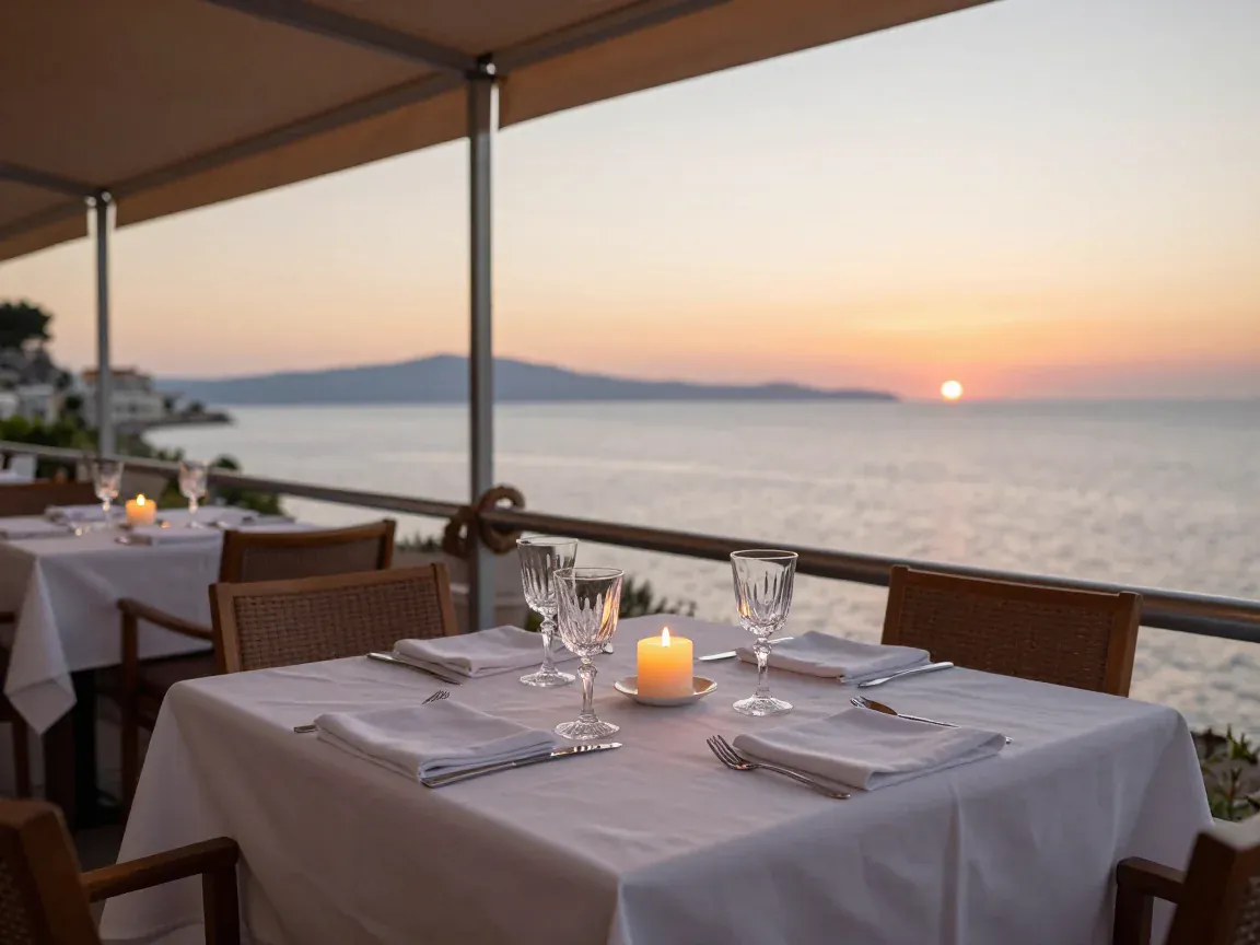 Table set on a seafront terrace at sunset