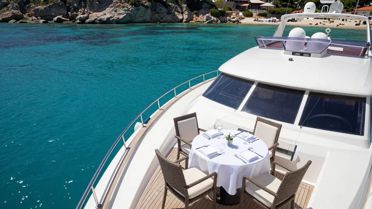 White yacht anchored in a turquoise cove on the French Riviera