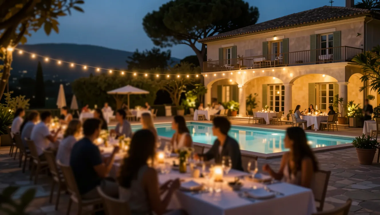 Evening reception at a Riviera villa, string lights and an illuminated pool