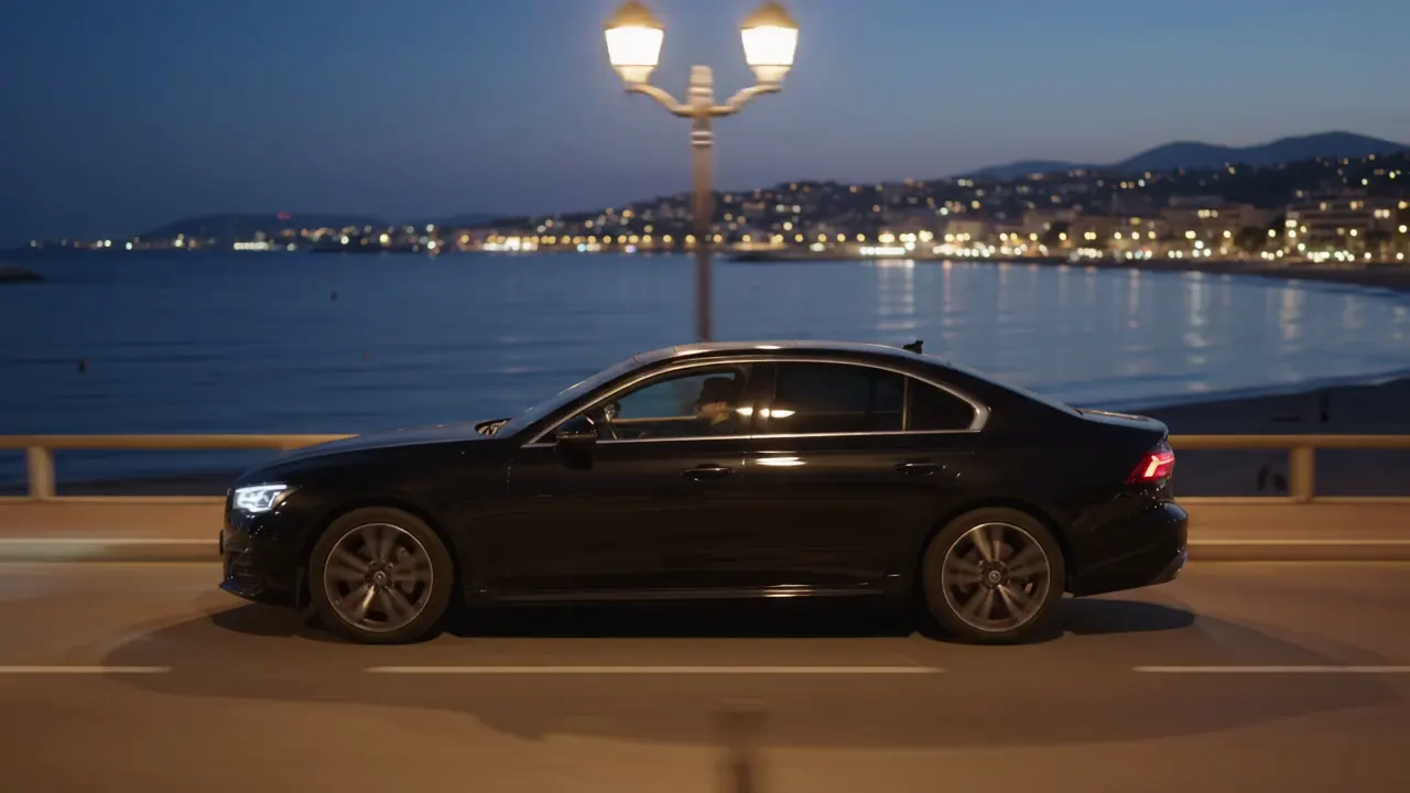Black sedan driving at night along the French Riviera coastal road