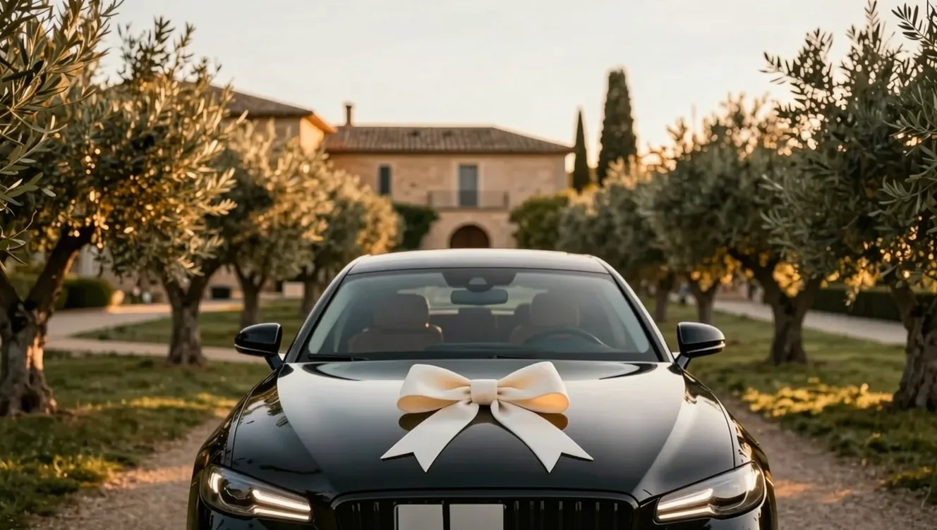 Voiture de prestige noire ornée d’un ruban ivoire devant une villa provençale