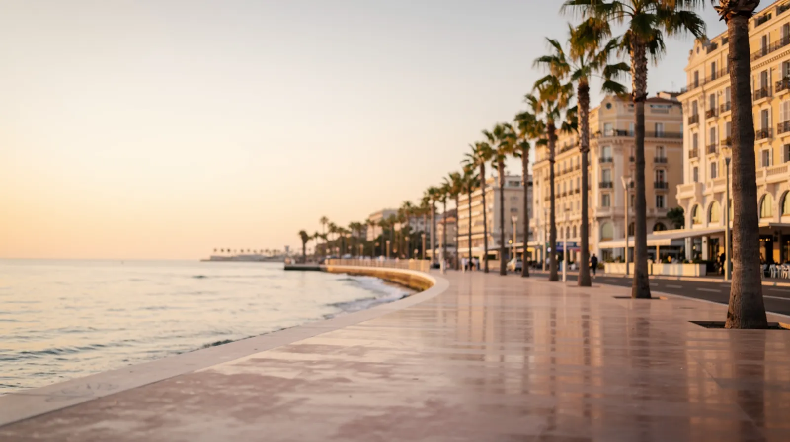Croisette de Cannes au petit matin, palmiers et façades d'hôtels