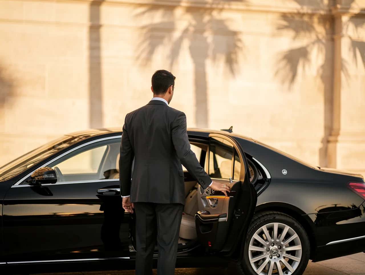 Chauffeur en costume sombre ouvrant la portière d'une berline de prestige